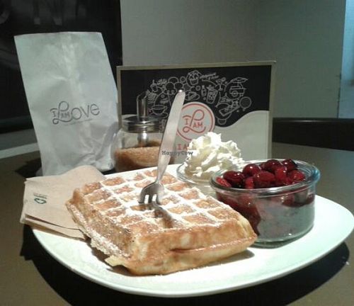 vegan Waffles with Cherries and vegan Coconut-Whipcream at I Am Love in Bochum
