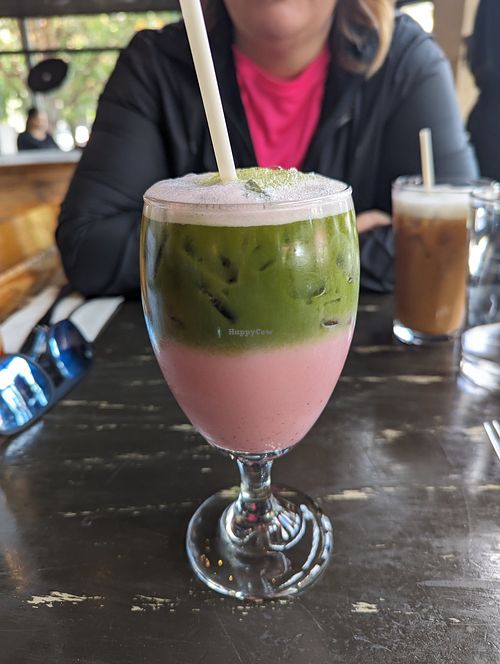 Strawberry milk and macha tea, how beautiful! at The Wayward Vegan in Seattle