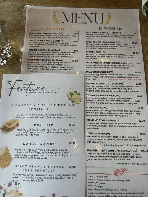Menu  at B House in Vancouver