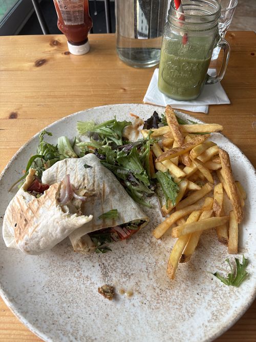 Falafel wrap, chips and protein shake   at Nar Cafe and Juice Bar in London
