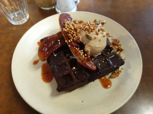 Vegan double choc waffles with baked banana & hazelnut ice cream at Straight Up in Hobart