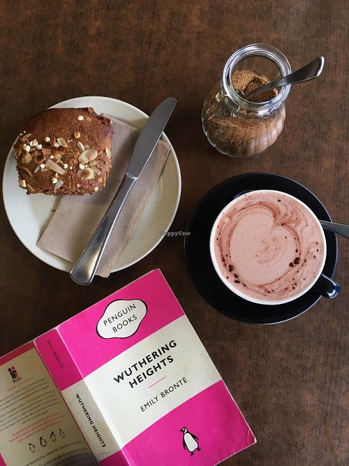 Vegan hot chocolate and a gluten free granola muffin at Straight Up in Hobart