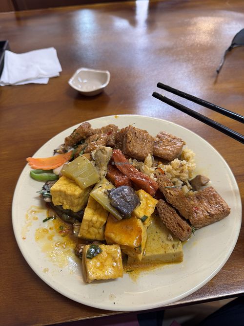soy protein, tofu and vegetables  at Nhà Hàng Chay Nhà Tấm - Vegan Restaurants in Lam Dong