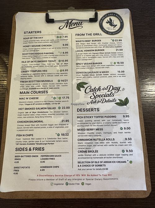 Menu with vegan options   at Macnamara &amp; Bothan Bar in Isle Of Skye