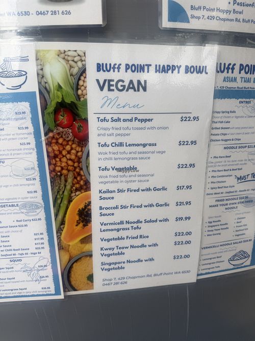 Great vegan menu  at Bluff Point Happy Bowl in Geraldton