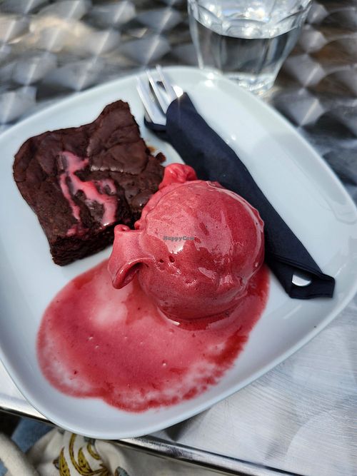 Raspberry ice cream and vegan brownie at Molten Gallery and Cafe in North Shields