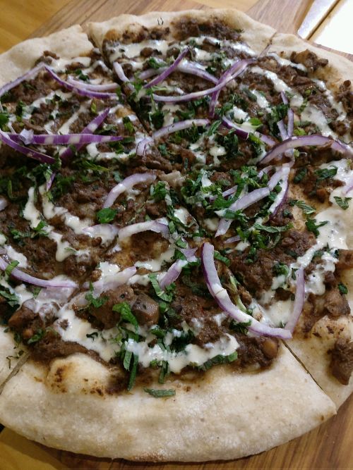 pizza with mushrooms, walnuts, tahini, red onions..yum at Cafe Royale in Palmerston North