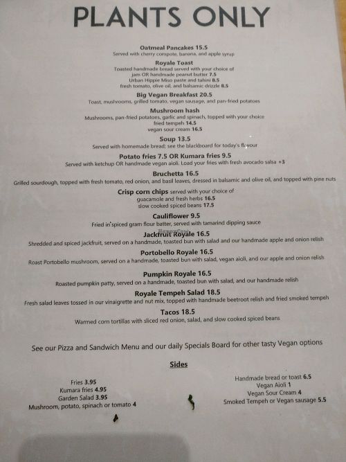 vegan menu at Cafe Royale in Palmerston North