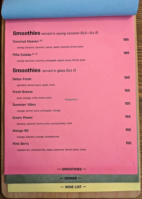 Menu page at MyRaw Cafe at MyRaw Cafe in Prague