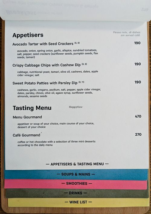 Menu page at MyRaw Cafe at MyRaw Cafe in Prague