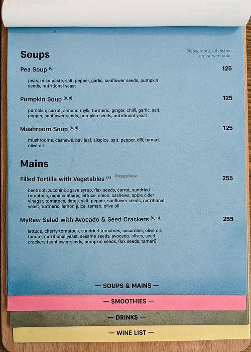 Menu page at MyRaw Cafe at MyRaw Cafe in Prague