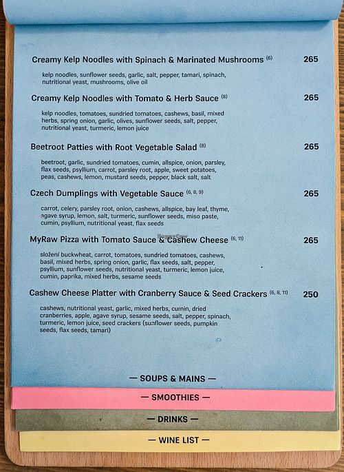 Menu page at MyRaw Cafe at MyRaw Cafe in Prague