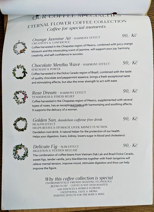 Menu page at MyRaw Cafe at MyRaw Cafe in Prague