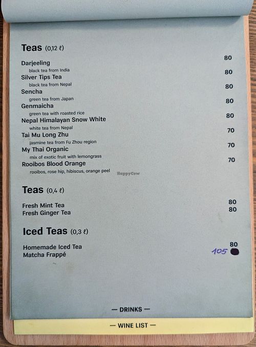 Menu page at MyRaw Cafe at MyRaw Cafe in Prague