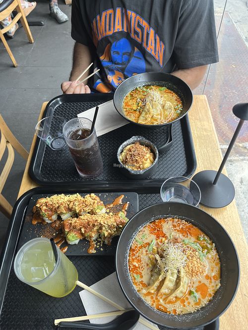 Truffle Mac, taco rolls. Japanese curry & garlic miso   at Redwhite Boneless Ramen in New York