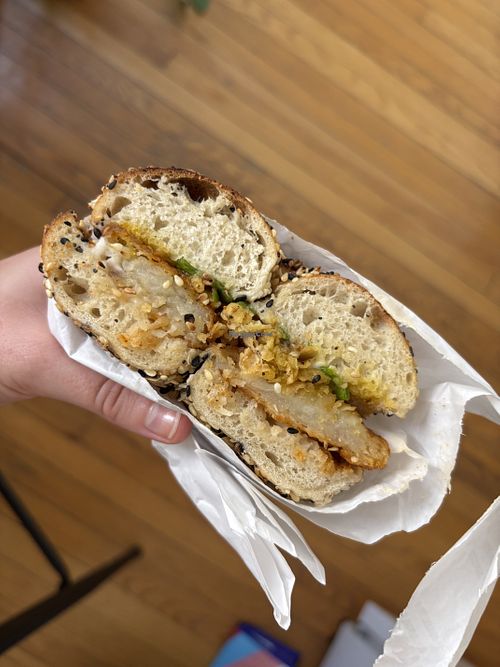Vegan crispy potato breakfast sandwich  at Tilly Bagel Shop in Chicago