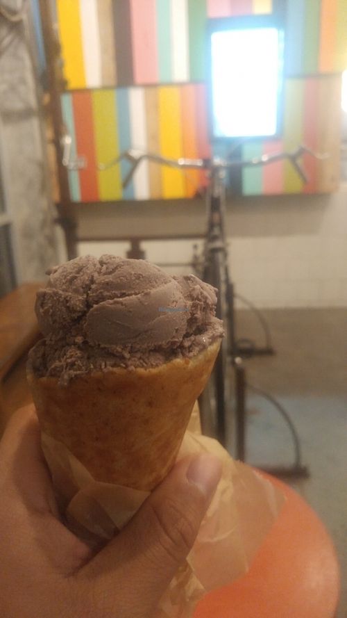Dark Chocolate in a waffle cone at Peddler's Creamery in Los Angeles