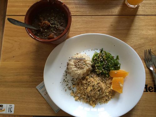 Main meal: feijoada with whole rice, farofa and braised cabbage. at Barao Natural - Baraozinho in Sao Paulo