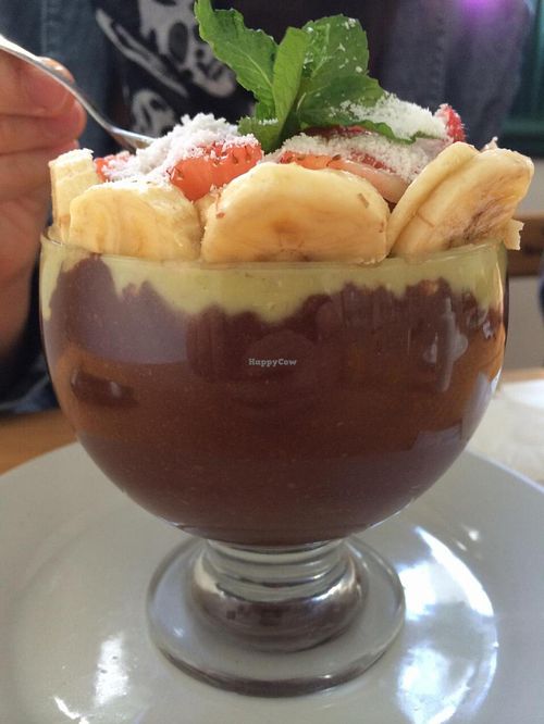 One of the options of desserts: fruit bowl with avocado cream and cocoa. at Barao Natural - Baraozinho in Sao Paulo