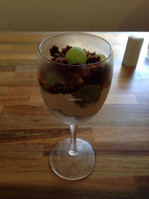 One of the options of the desserts - vanilla cream with crumbly cookies, hibiscus jelly and green grape. at Barao Natural - Baraozinho in Sao Paulo