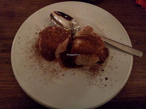 Dessert: soy ice cream with chocolate sauce and orange at De Zuidkant in Ghent