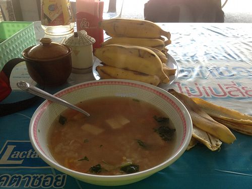 Veggie Tofu soup and self serve bananas. :) at Jay in Mae Hong Son