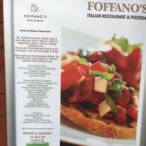 menu with veg / vegan options  at Foffano's in Darlington