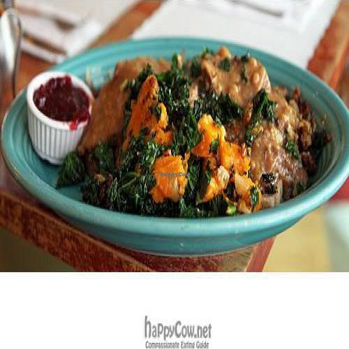 kale and butternut squash with the open-faced turkey sandwich! VEGAN, of course. :D at Curly's Vegetarian Lunch in New York City