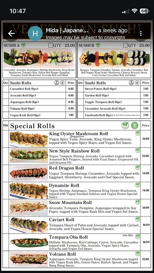 Vegetarian rolls (most are vegan)  at Hida Japanese Sizzling Skillet & Grill in Denver