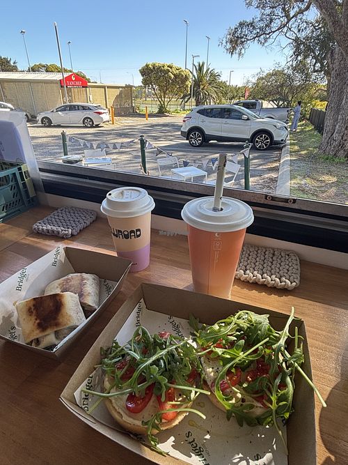 Breakfast wrap, bagel, and drinks   at Bridget's House in Yanchep