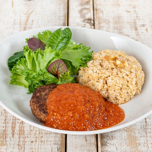 Vegan hamburg steak plate with brown rice at AIN SOPH.SENDAI in Sendai