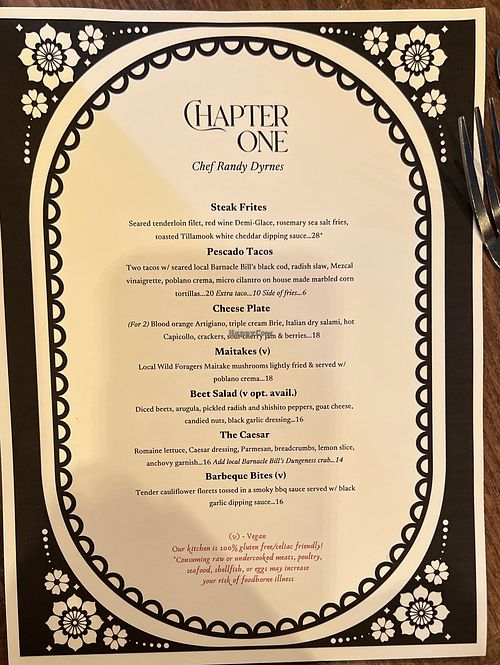 Front of menu   at Chapter One in Depoe Bay