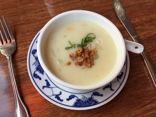 starter, vegan ";chicken"; soup at Vegegården in Malmo