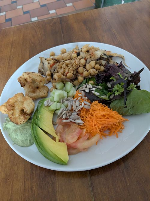 Cauliflower croquettes, rice with garbanzos, veggies (lunch of the day) at Vital Cook in Medellin