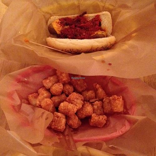 tots and hot dog at Dirty Frank's Hot Dog Palace - W Broad in Columbus