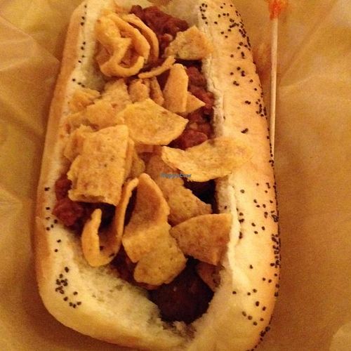 Fritos and chili on vegan hot dog at Dirty Frank's Hot Dog Palace - W Broad in Columbus