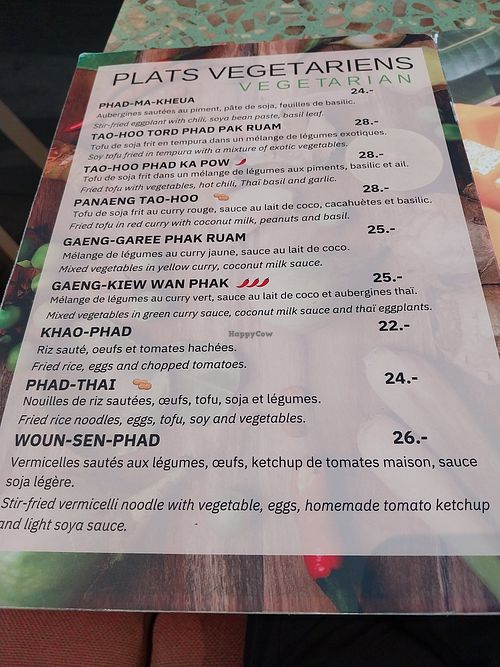 Menu at Le Jardin Thai in Lausanne