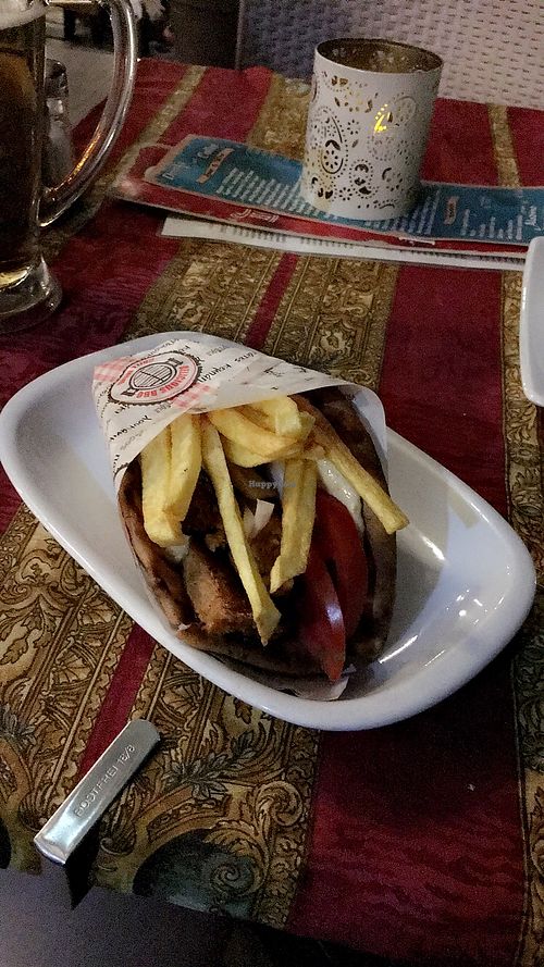 Pita with hummus, soya gyros, fries, onions and tomatoes  at Gran Aladino in Corfu
