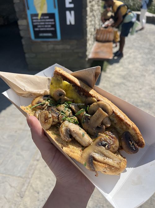 Vegan croque rosemary sandwich with mushrooms  at Chapel Porth Beach Cafe in St Agnes