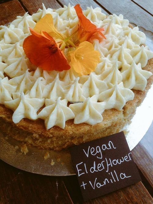 Vegan elderflower and vanilla cake at The Veggie Deli Coffee Shop in Manchester