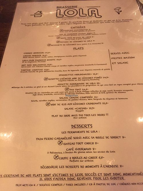 Menu at Brasserie LoLa in Paris
