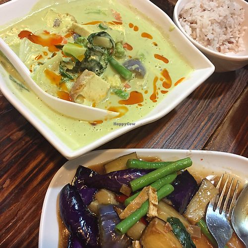 green curry and aubergine thai basil dish at Thai Vegetarian Food 泰國素食 in Kowloon