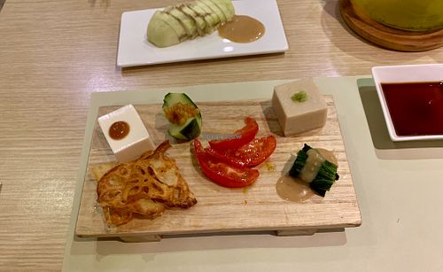 Okinawa raw eggplant, Kyoto tofu, sesame tofu, spinach with sesame paste, Japanese mini tomato, cucumber with miso at Isoya Japanese Vegetarian in Hong Kong Island