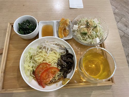 Set lunch with cold ramen, avocado salad, pumpkin tempura, and spinach in sesame sauce, with  tea   at Isoya Japanese Vegetarian in Hong Kong Island