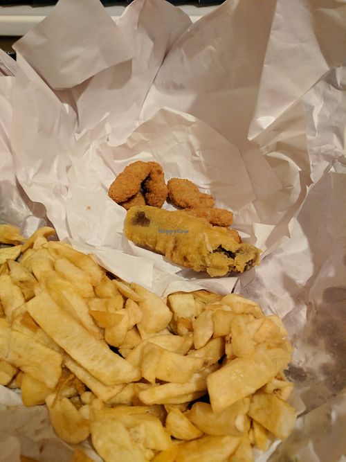 Vegan battered sausage, nuggets and chips at The Veggie Corner in Coventry