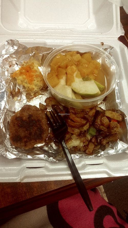 Vegan Build Your Own Breakfast - sausage, eggs, potatoes, and fruit cup. at Alfalfa Restaurant in Lexington
