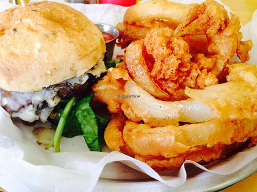 Portobello mushroom burger and onion rings at Go Vegan Grill in Decatur
