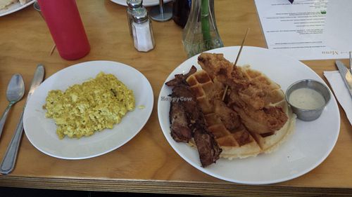 All vegan waffle, chicken, bacon and tofu scramble at Go Vegan Grill in Decatur