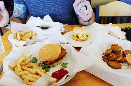 Chicken Sandwich and fries, fried pickles, breakfast sandwich at Go Vegan Grill in Decatur