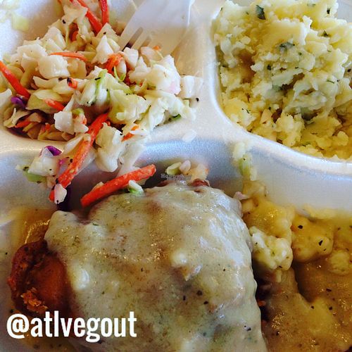 vegan fried chicken, coleslaw, mashed potatoes and gravy at Go Vegan Grill in Decatur